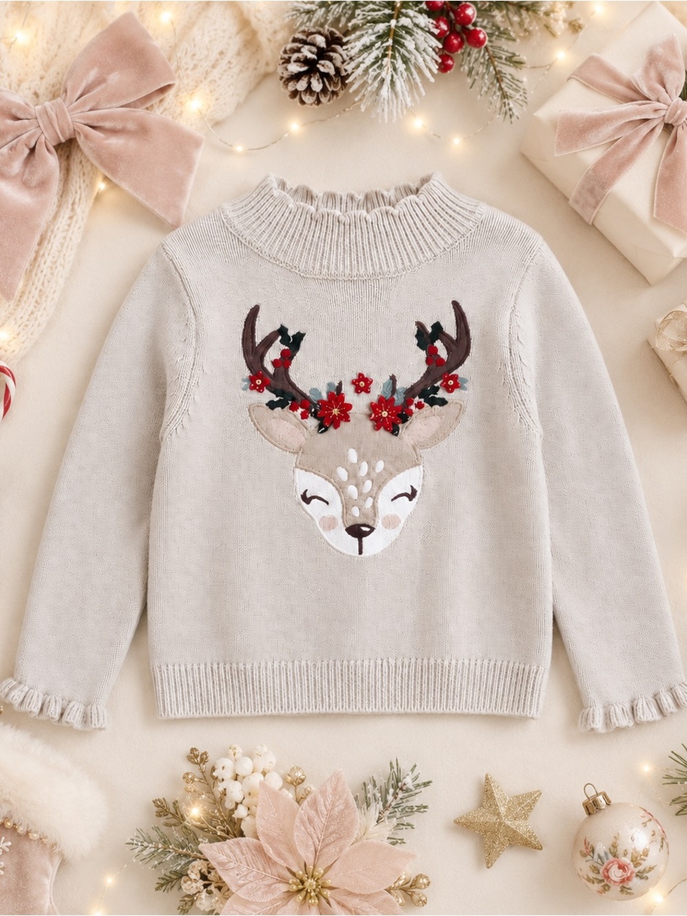 Cynthia Rowley Girls Christmas Reindeer Sweater Ruffle Trim Holiday Knit